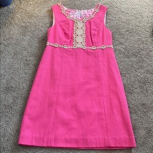 Lilly Pulitzer Bright Pink Gold Embroidered Rosie Dress 💯%Textured Cotton sz6